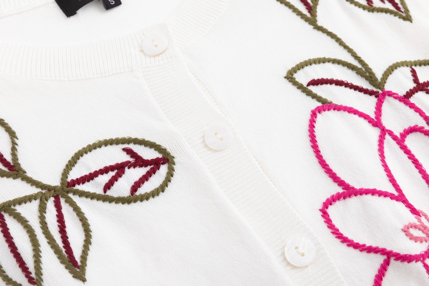 Knit Cardigan With Pink Embroidered Flowers