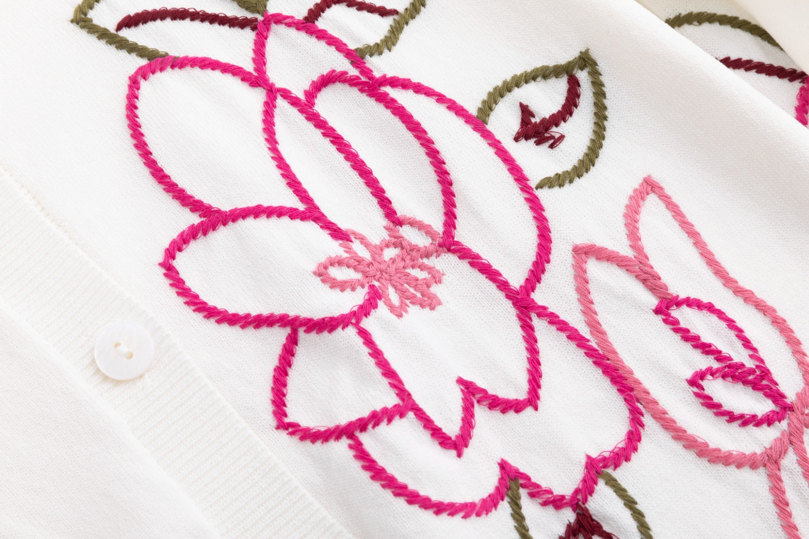 Knit Cardigan With Pink Embroidered Flowers