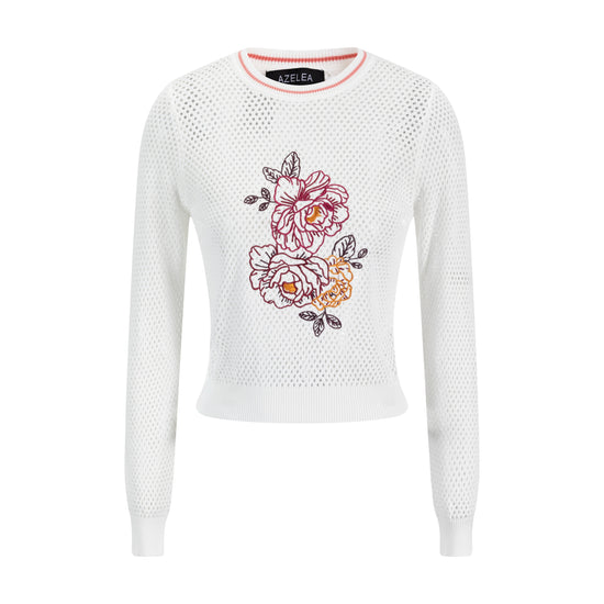White Knit Top With Embroidered Flowers