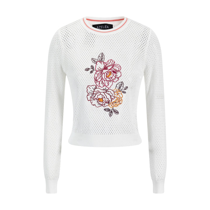 White Knit Top With Embroidered Flowers