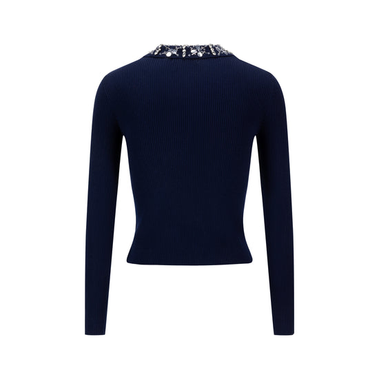 Knit Top With Beaded Collar - Navy