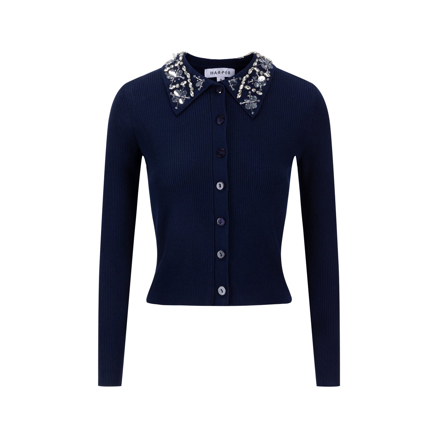 Knit Top With Beaded Collar - Navy