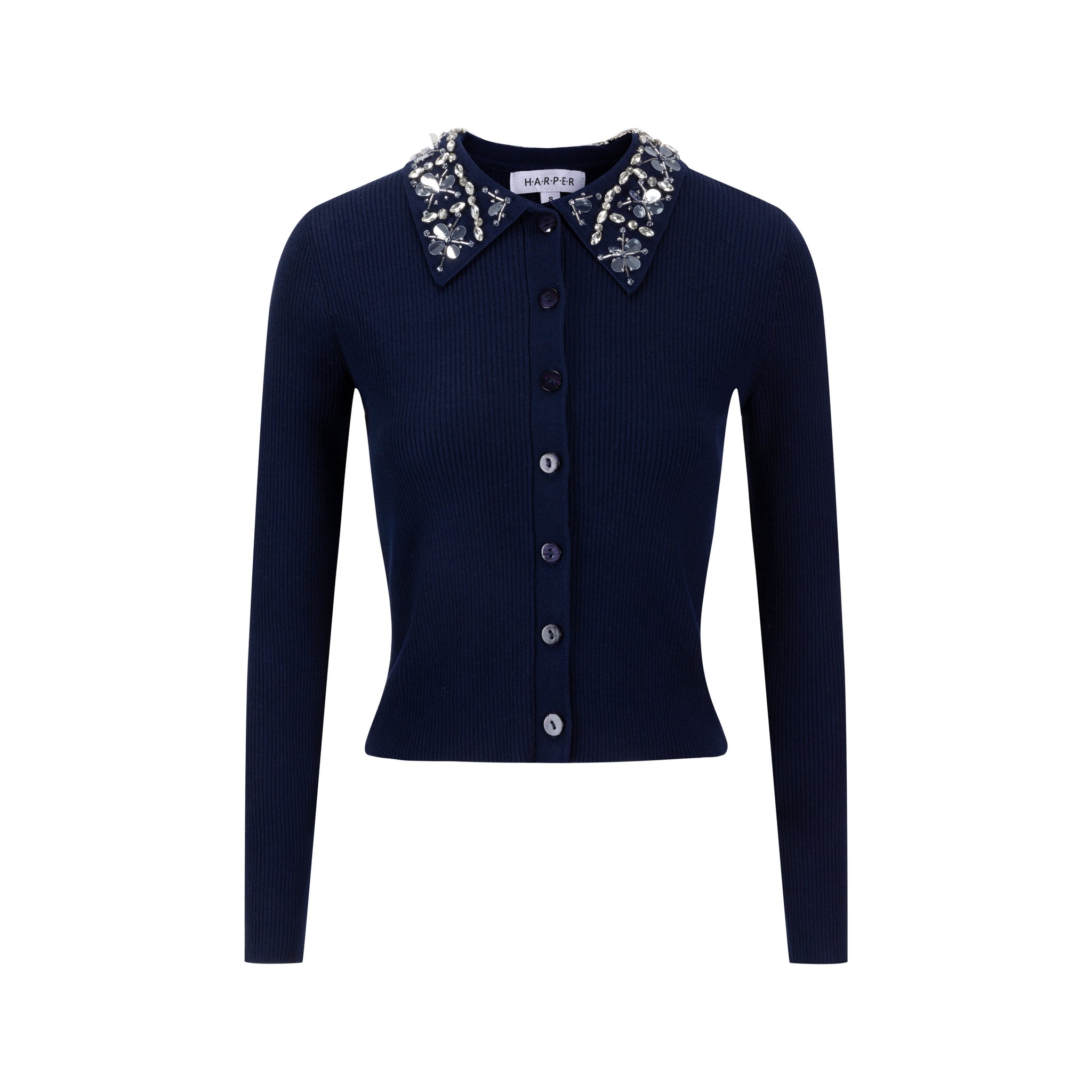 Knit Top With Beaded Collar - Navy