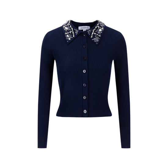 Knit Top With Beaded Collar - Navy