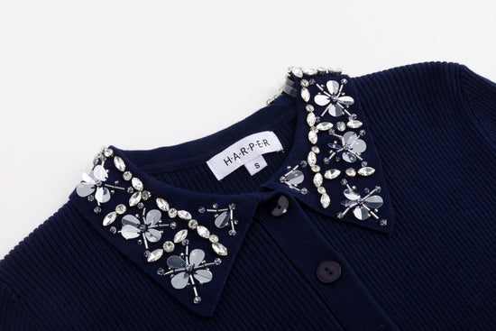 Knit Top With Beaded Collar - Navy