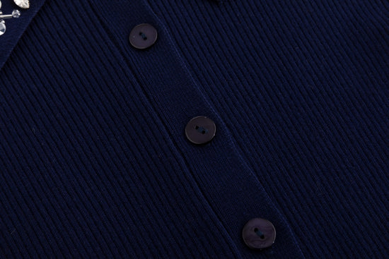 Knit Top With Beaded Collar - Navy