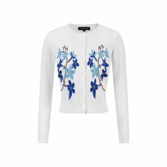 Knit Cardigan With Dark Bule Embroidery - Ivory