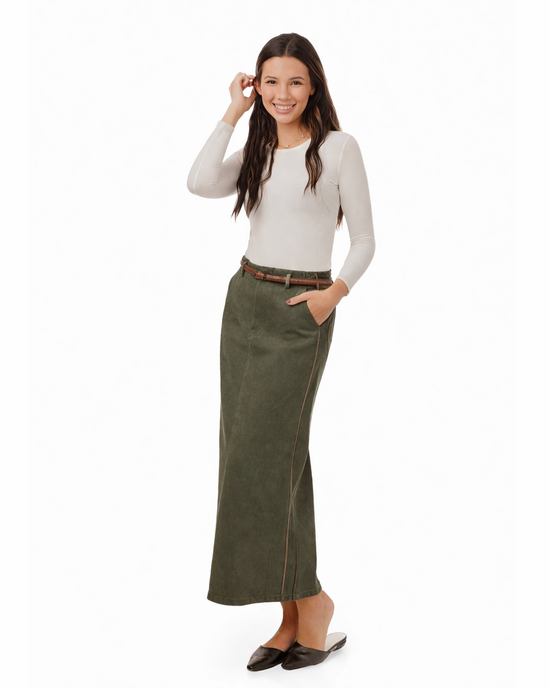 Denim Skirt With Brown Stitching And Belt - Green