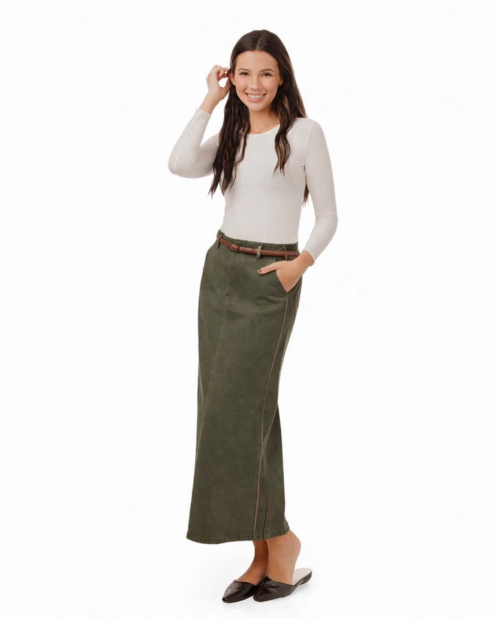 Denim Skirt With Brown Stitching And Belt - Green
