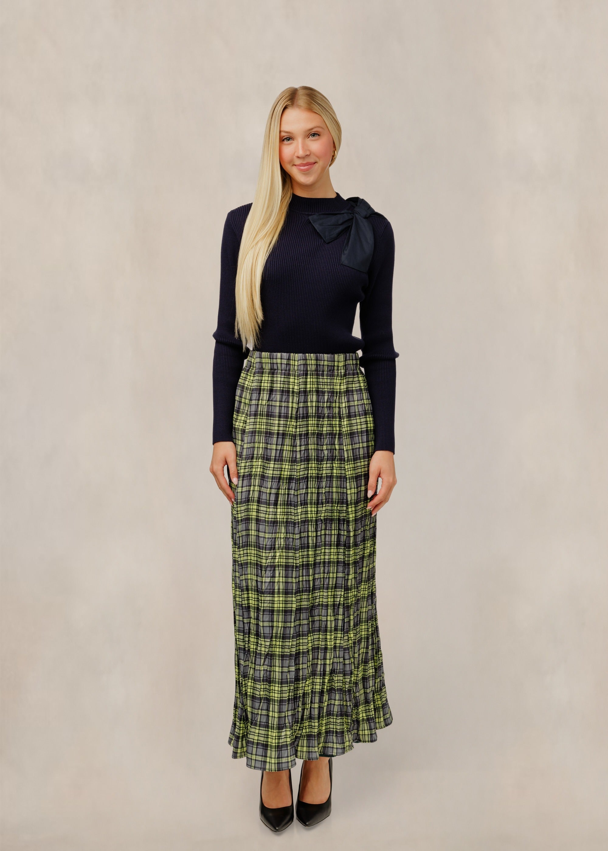 Shoulder Bow Ribbed Knit Top - Navy