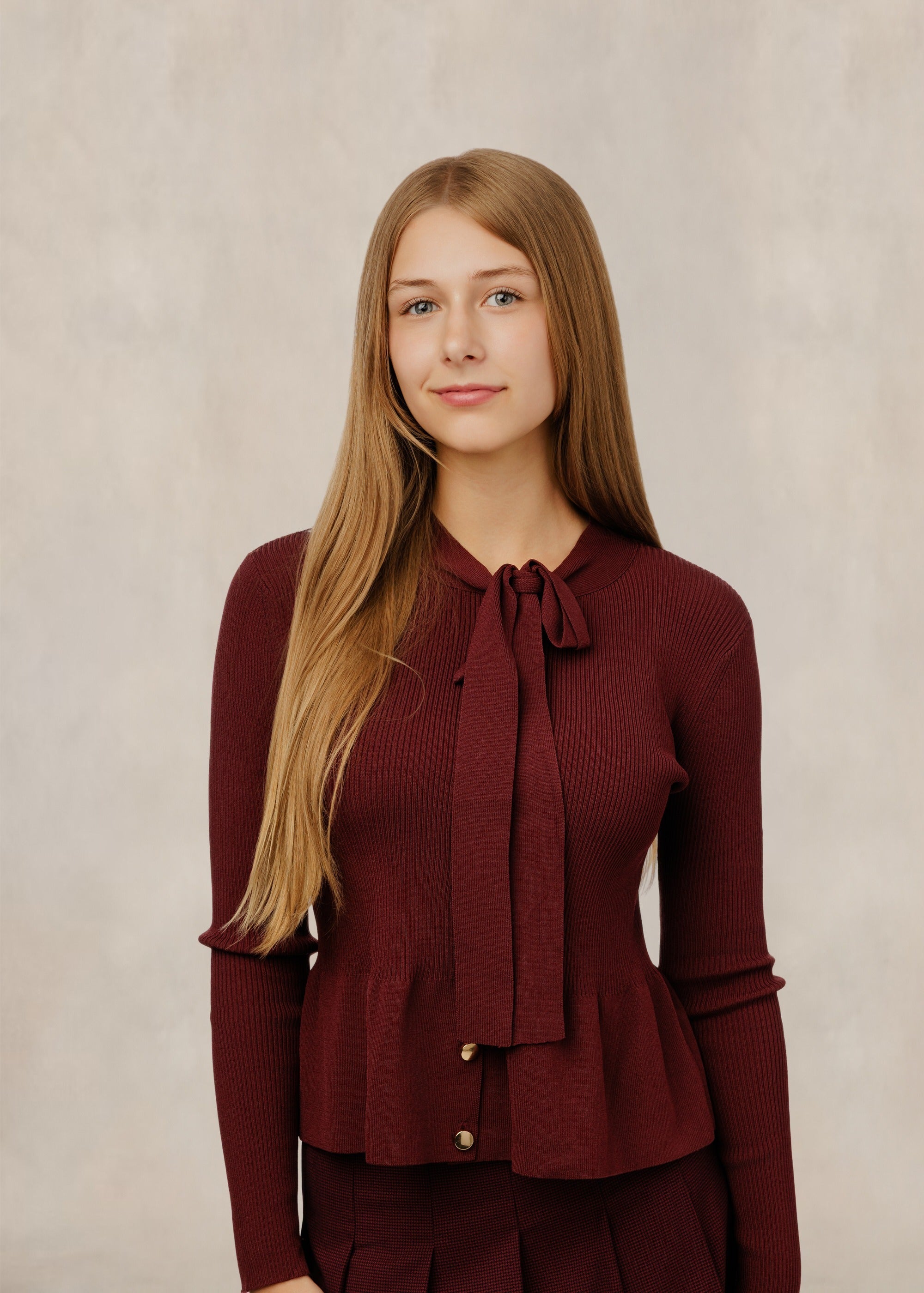 Burgundy Ribbed Knit Sweater With Neck Tie
