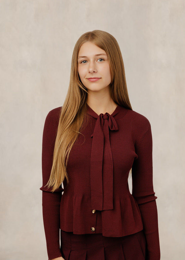 Burgundy Ribbed Knit Sweater With Neck Tie