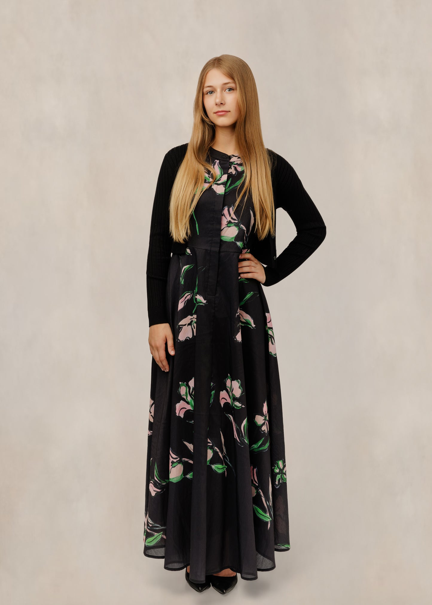 Pink Floral Black Dress W/ Knit Overlay
