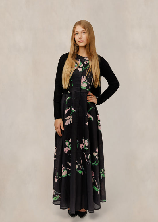 Pink Floral Black Dress W/ Knit Overlay