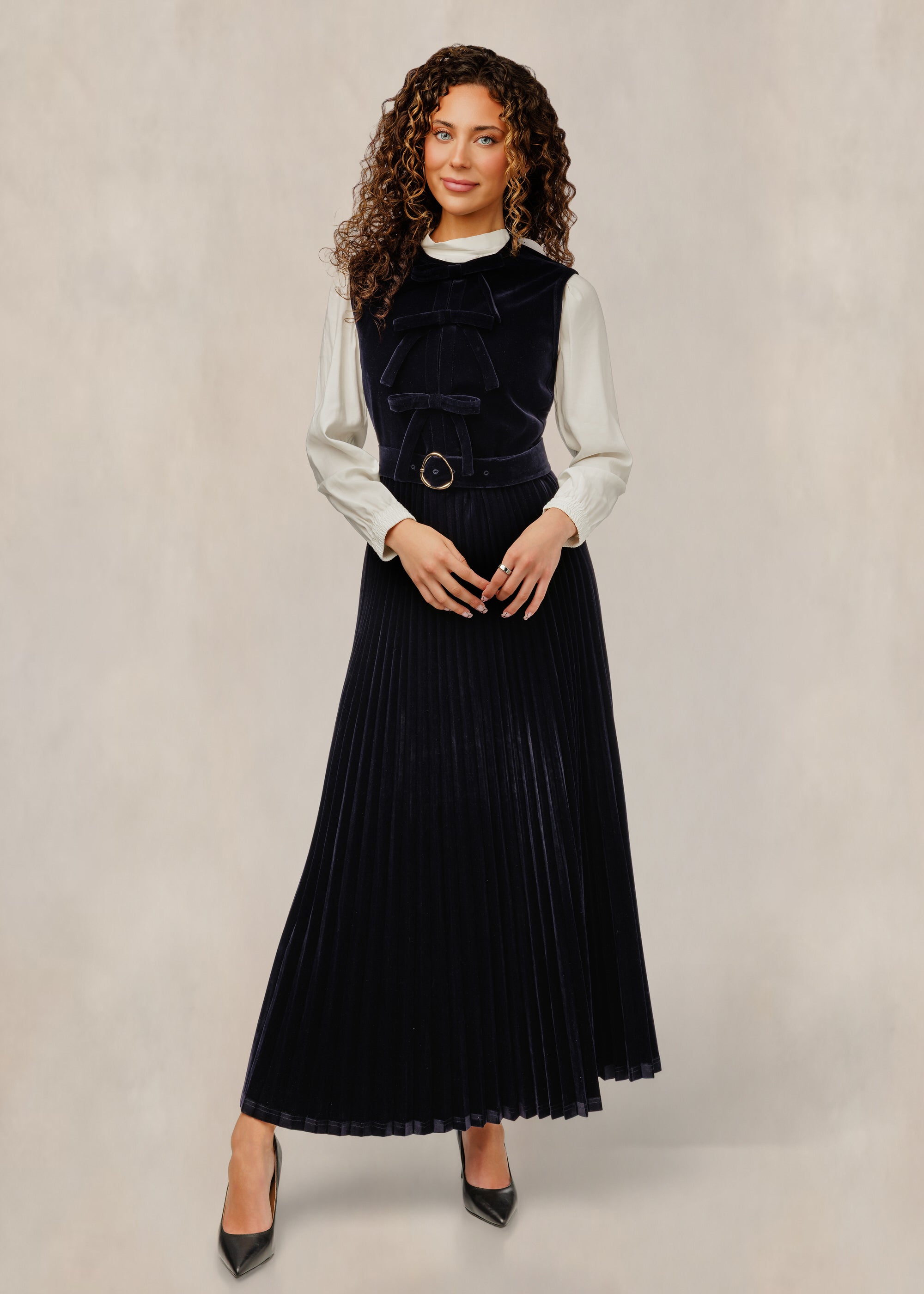 Navy Pleated Velvet Jumper W/ Bows