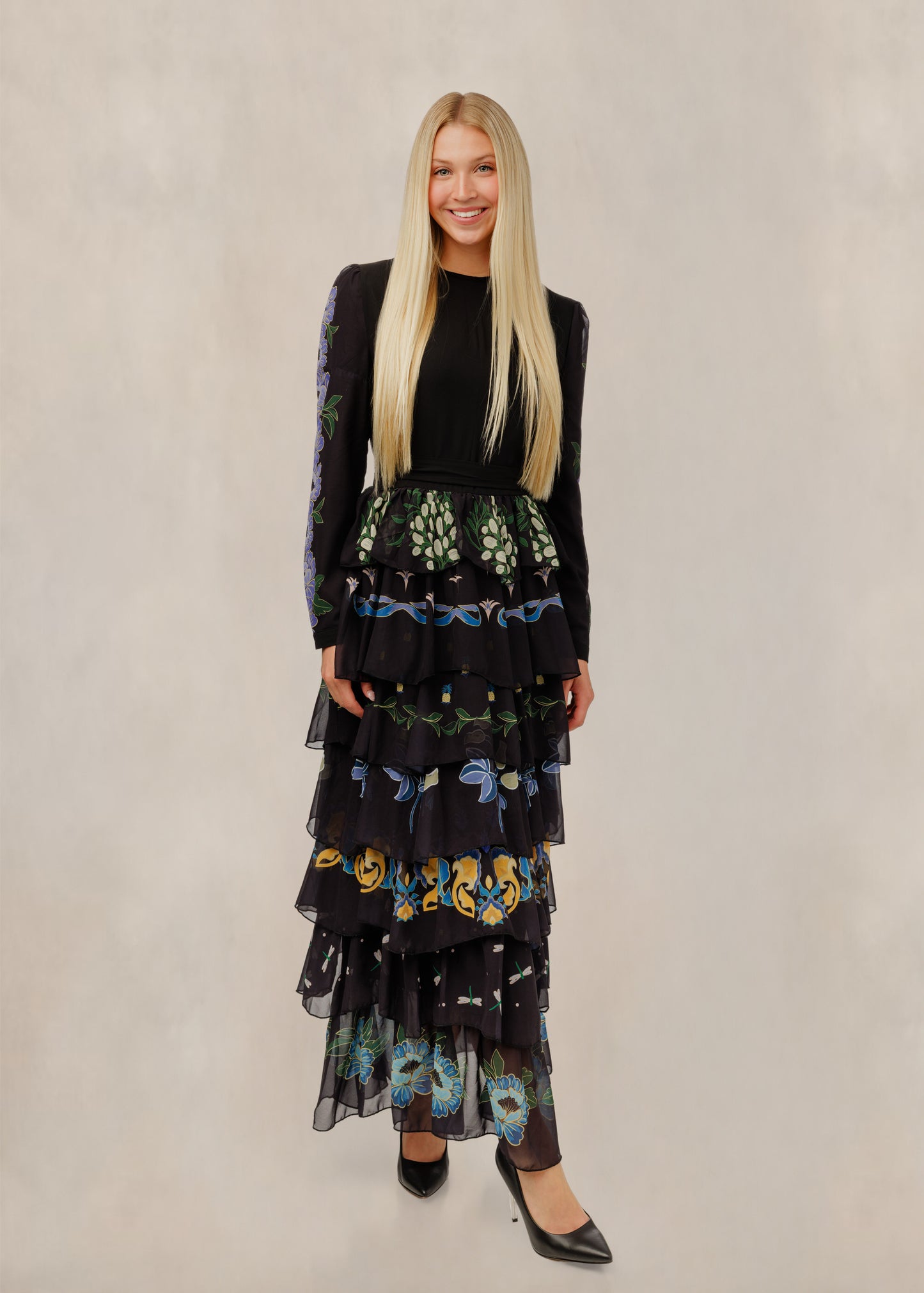 Multi Print Black Tiered Ruffle Mesh Dress