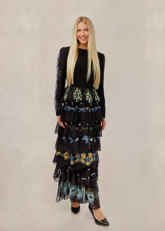 Multi Print Black Tiered Ruffle Mesh Dress