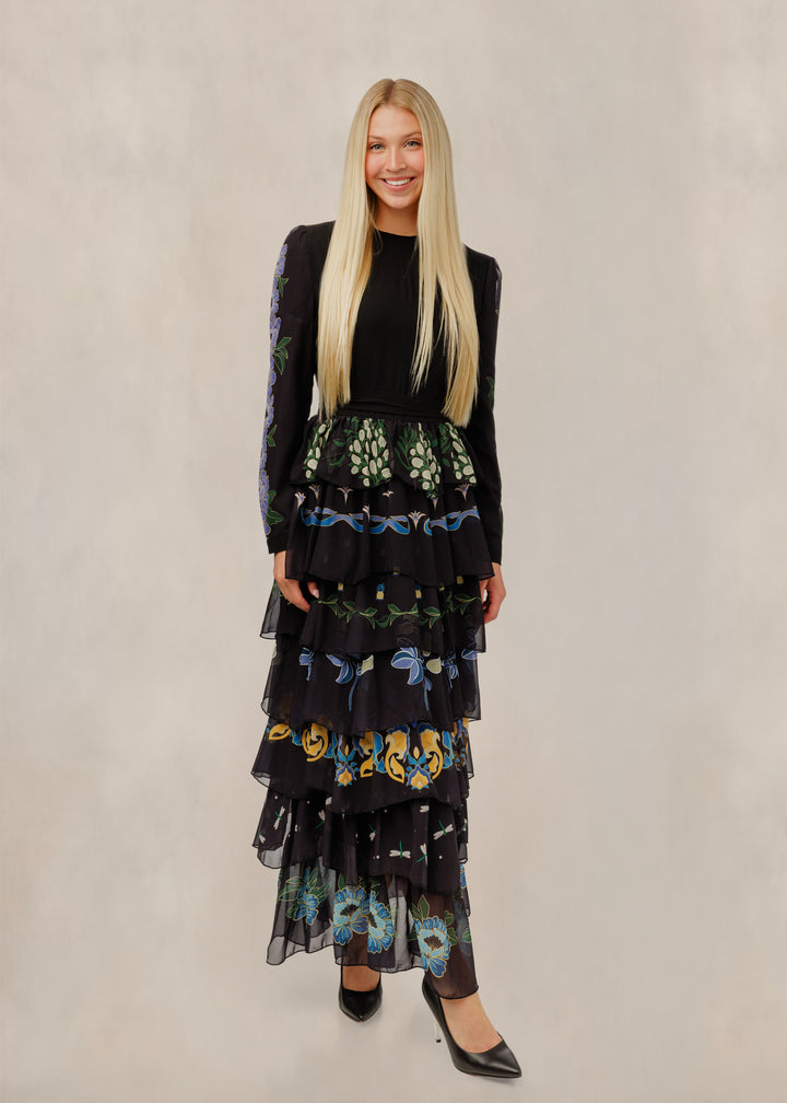 Multi Print Black Tiered Ruffle Mesh Dress