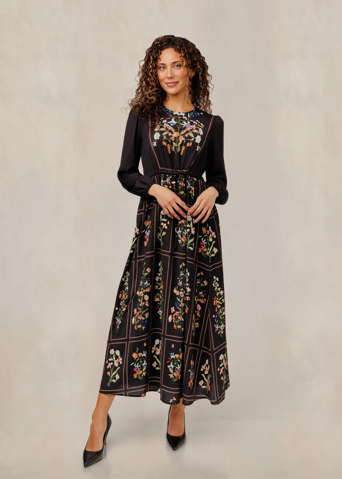 Black Floral Grid Print Drawstring Dress