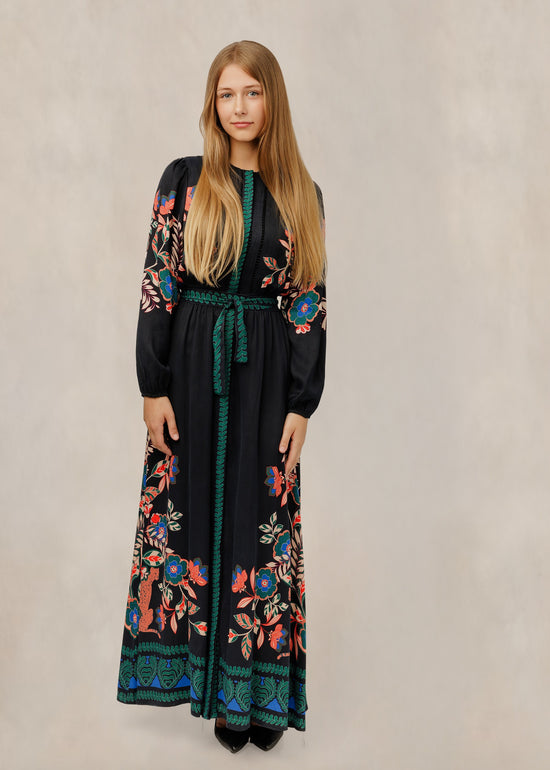 Black Floral Belted Dress W/ Green Trim