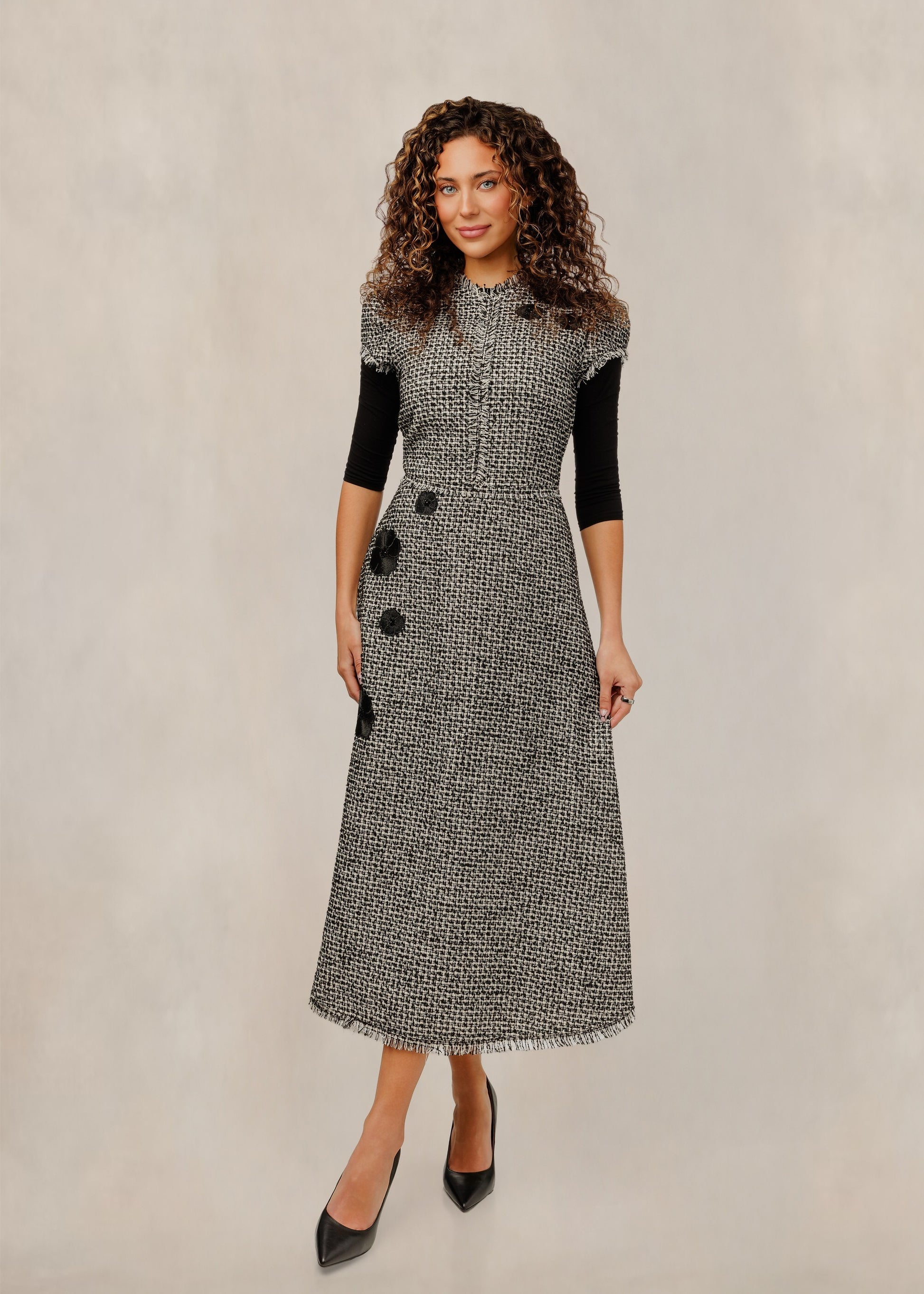 Grey Tweed Dress With Floral Accents