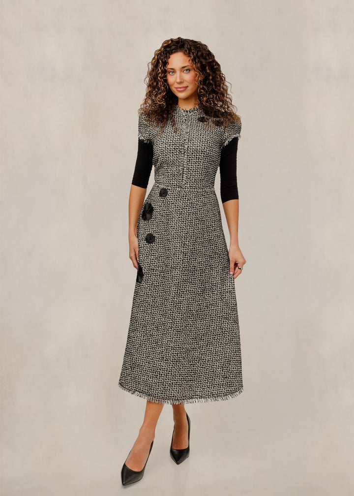 Grey Tweed Dress With Floral Accents