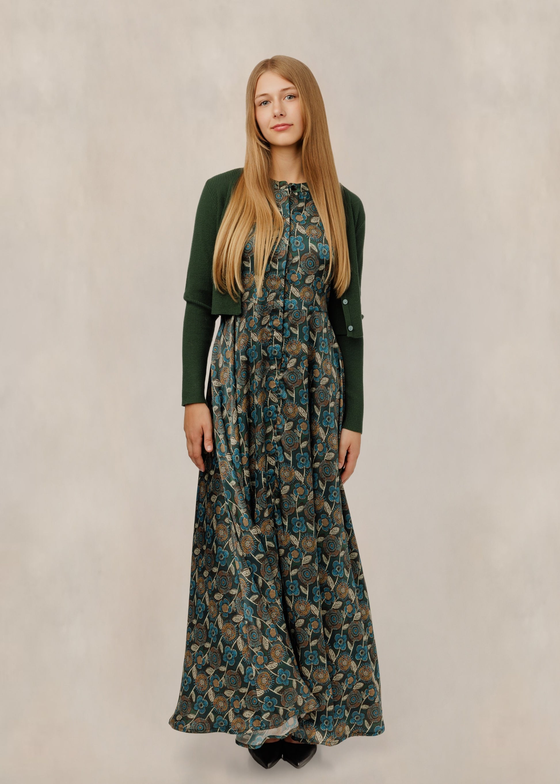Button-Front Floral Dress W/ Green Cardigan