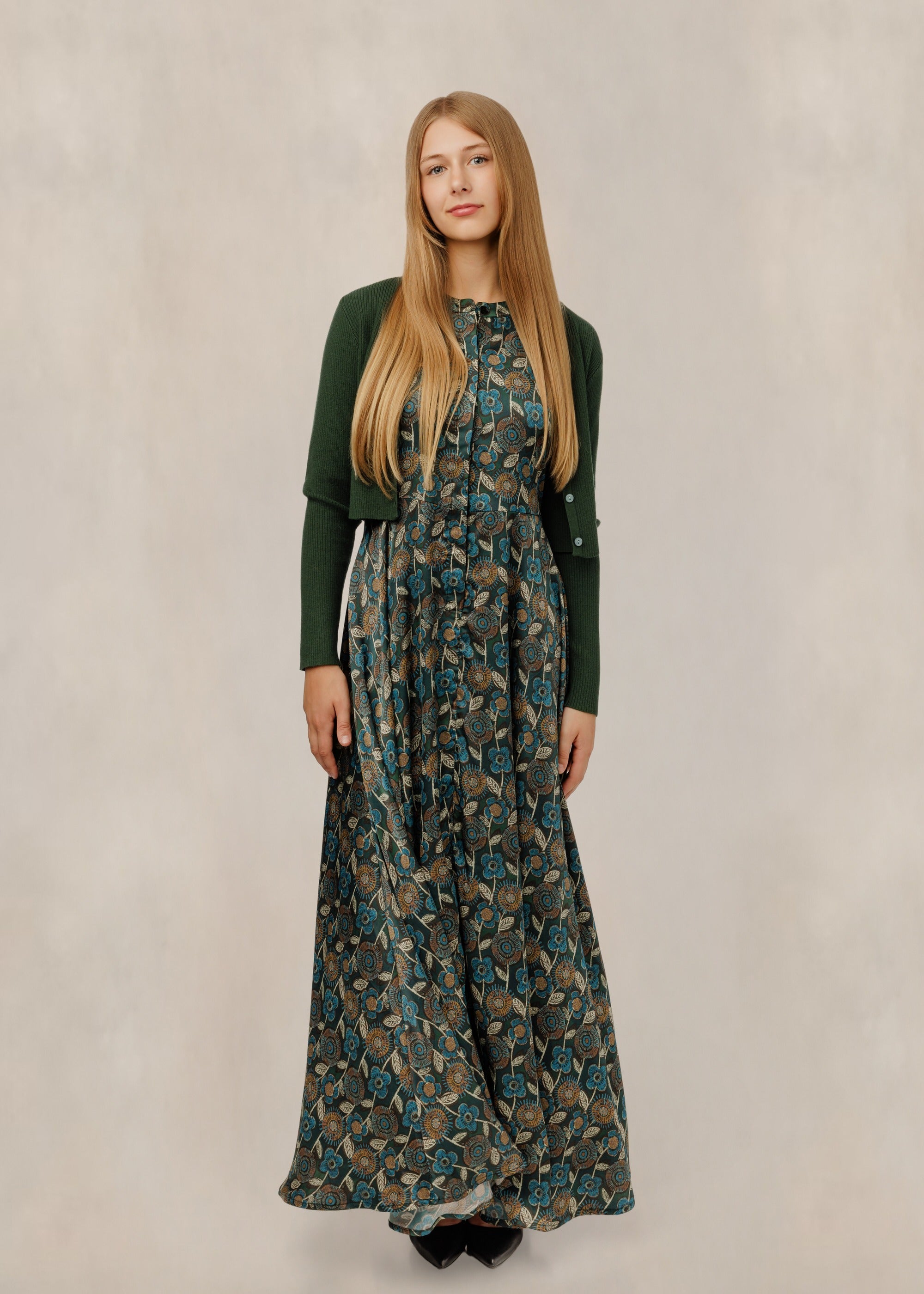 Button-Front Floral Dress W/ Green Cardigan