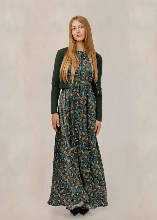 Button-Front Floral Dress W/ Green Cardigan