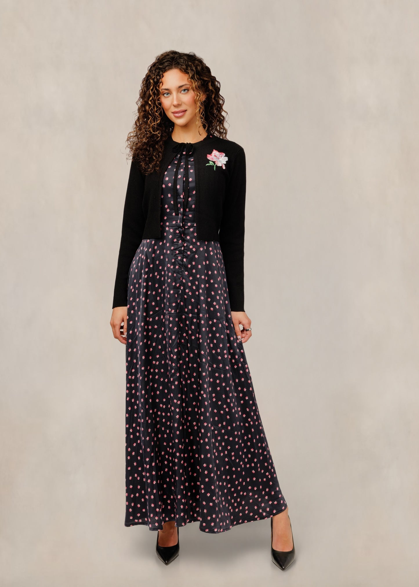 Mini Floral Black Dress W/ Embroidered Cardigan