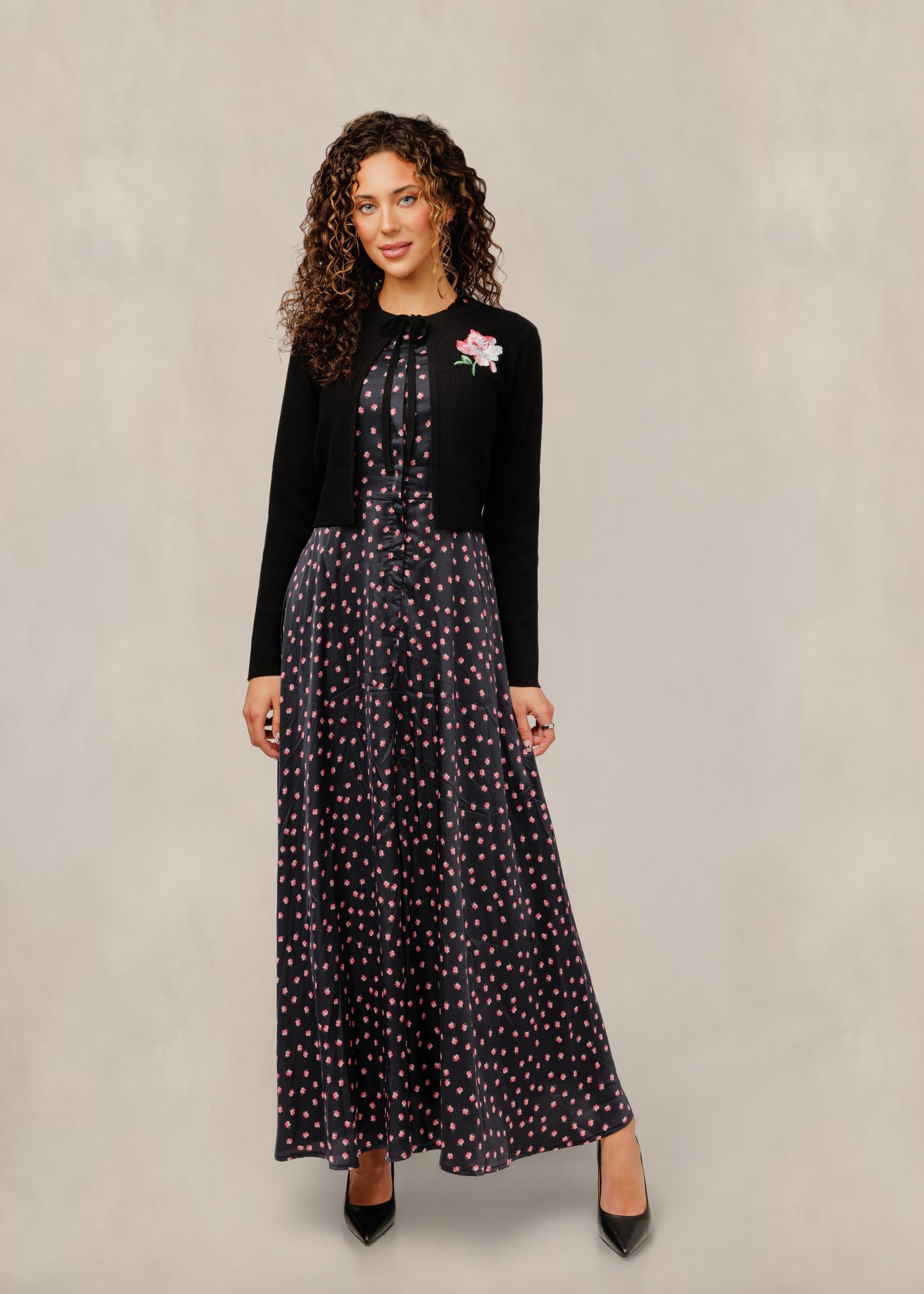 Mini Floral Black Dress W/ Embroidered Cardigan