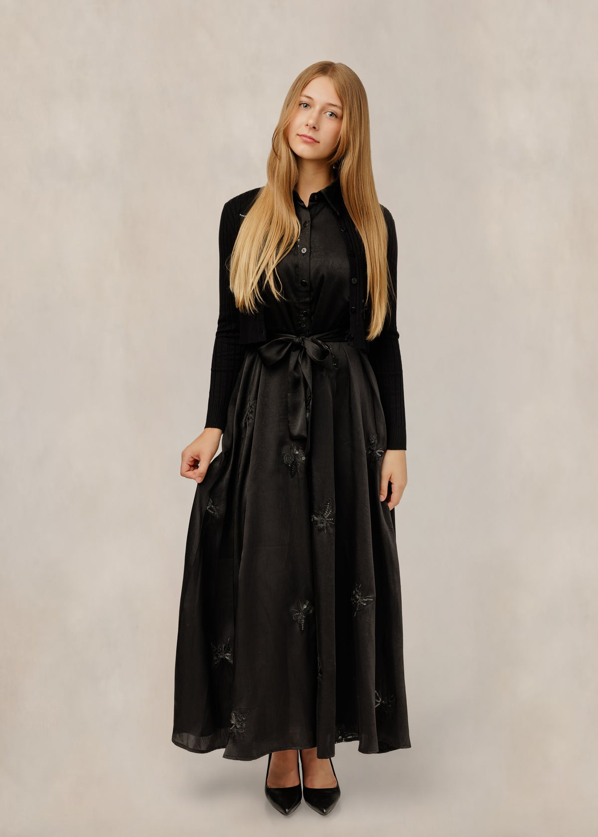 Black Satin Dress W/ Embroidered Appliqu??S & Cardigan
