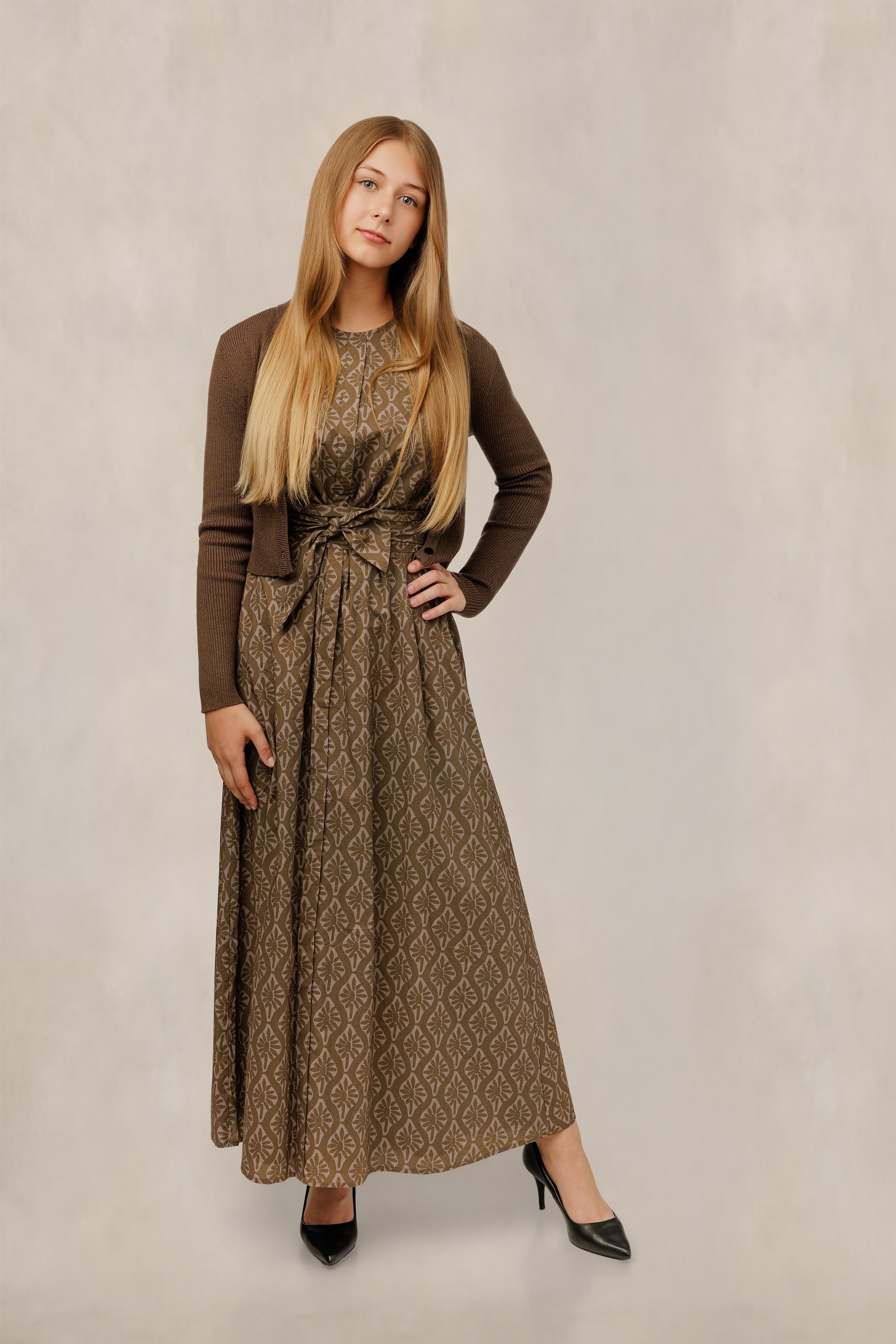 Taupe Geometric Tie Waist Dress W/ Brown Cardigan