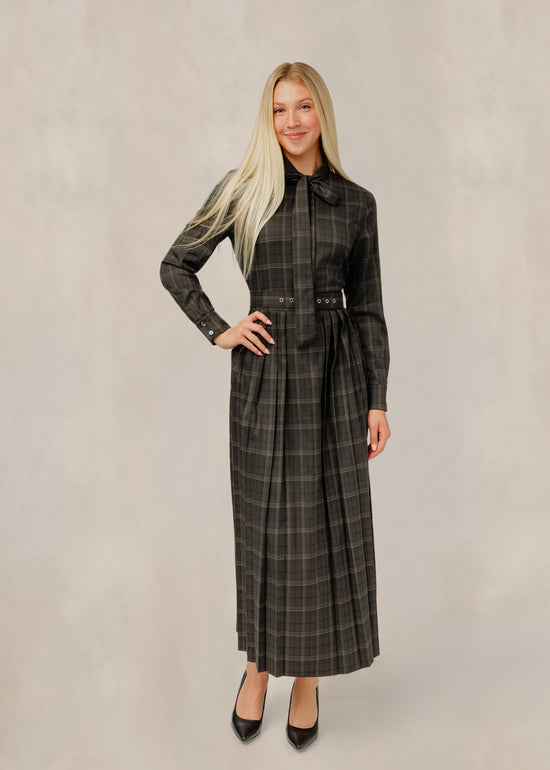 Olive Plaid Dress W/ Tie Neck Bow & Belted Waist Detail