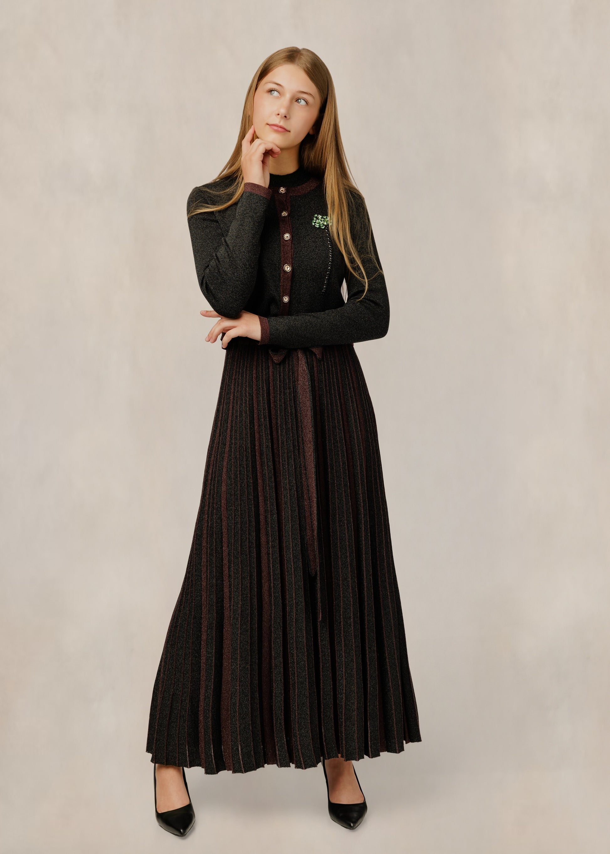 Pleated Knit Dress W/ Contrast Trim Cardigan