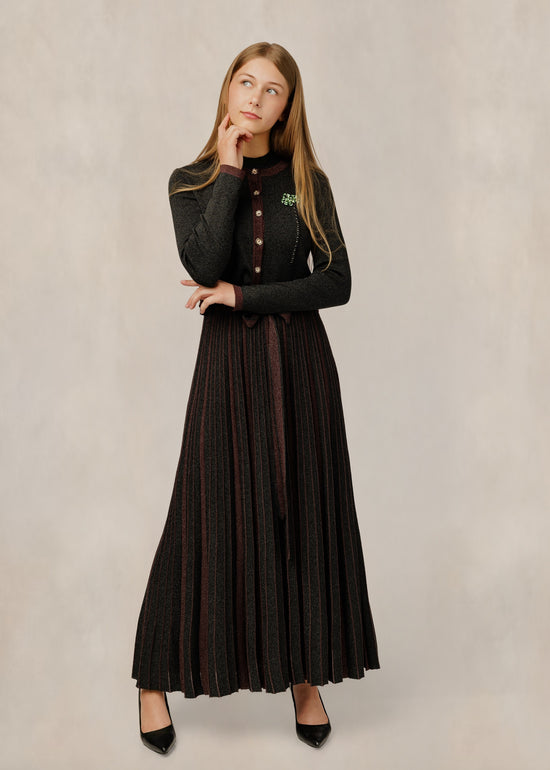 Pleated Knit Dress W/ Contrast Trim Cardigan