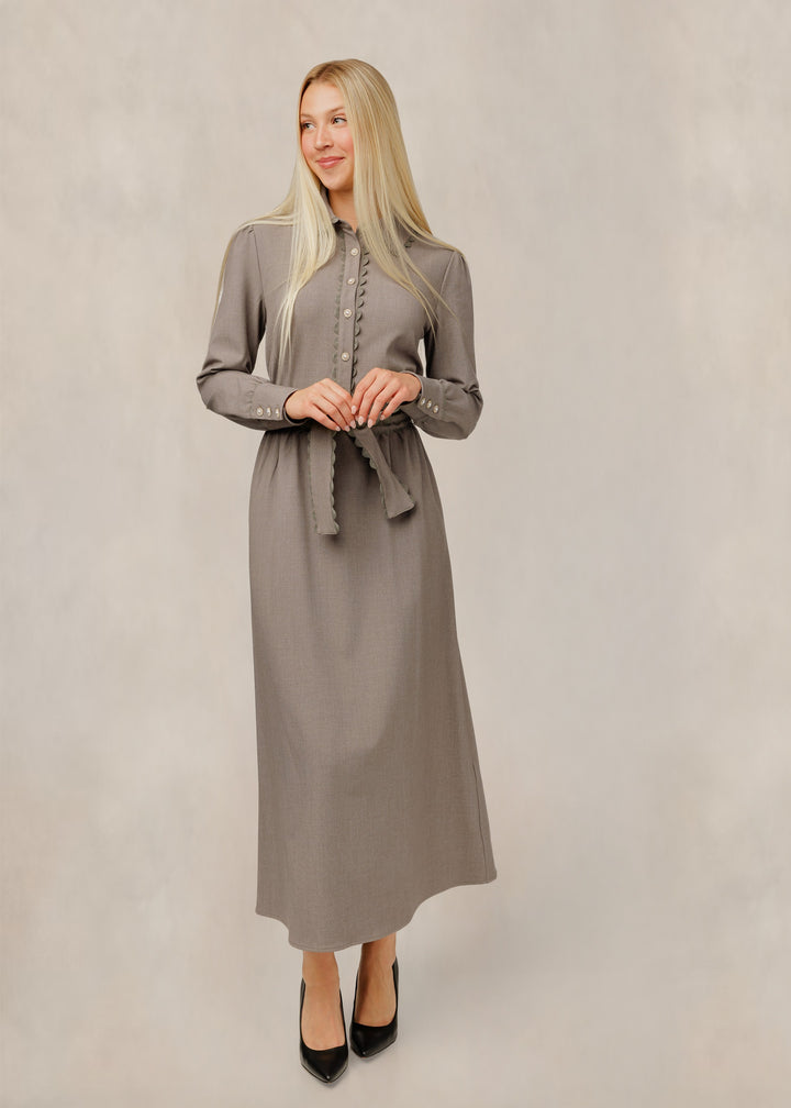 Button-Front Dress W/ Scalloped Trim & Tie Belt - Grey