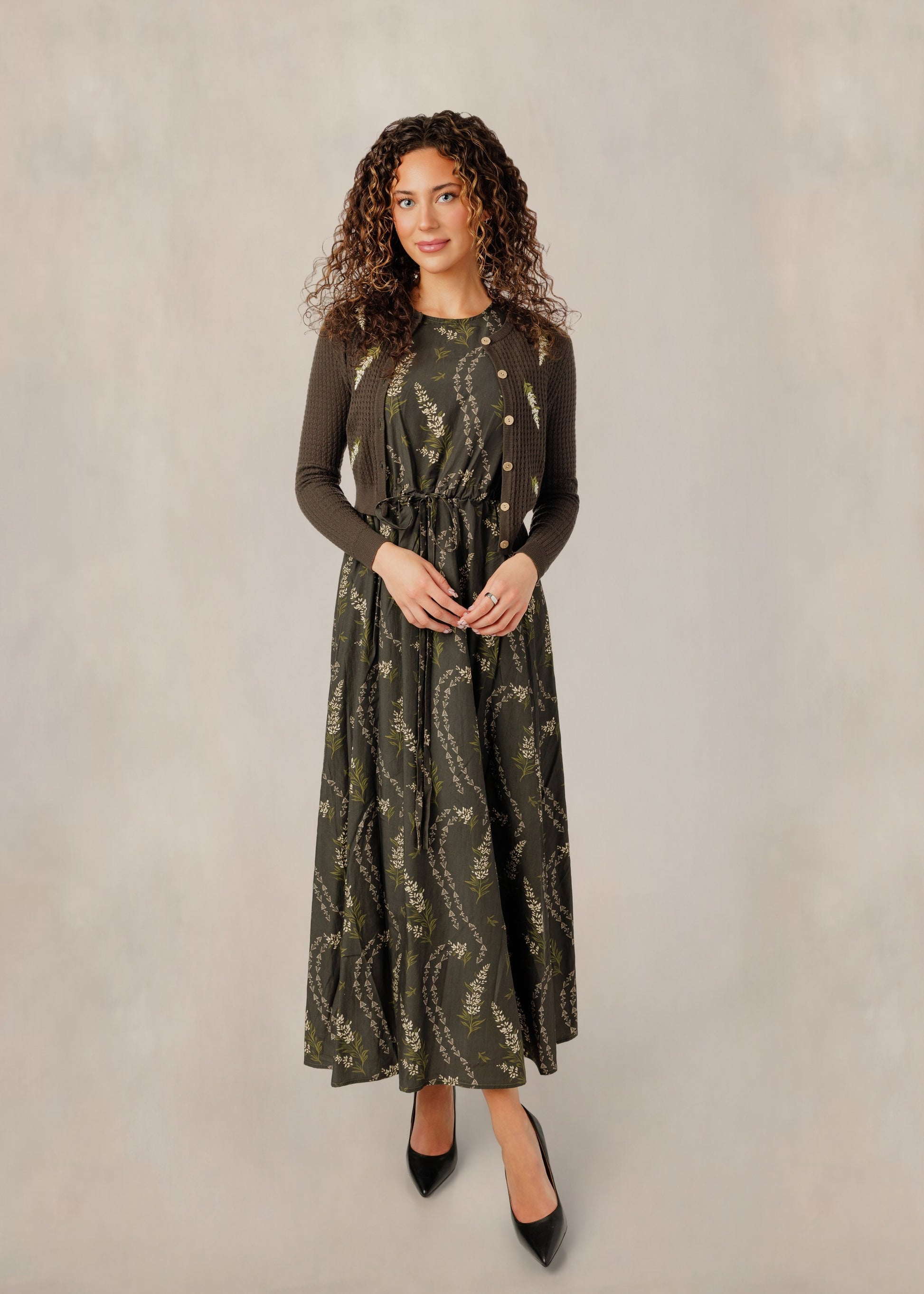 Olive Floral Dress W/ Matching Embroidered Cardigan