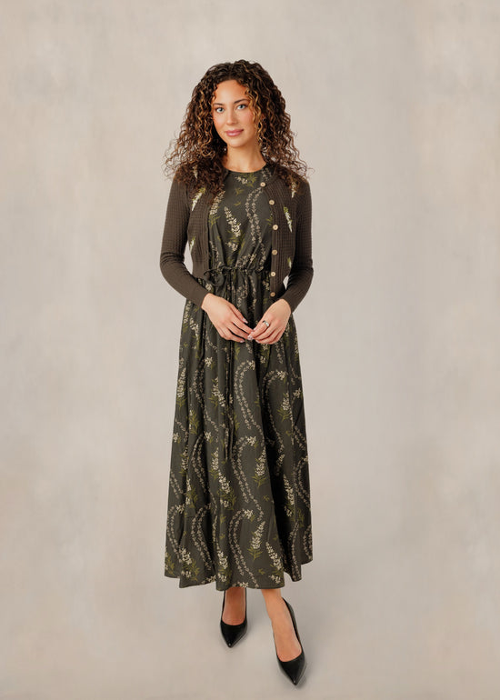 Olive Floral Dress W/ Matching Embroidered Cardigan