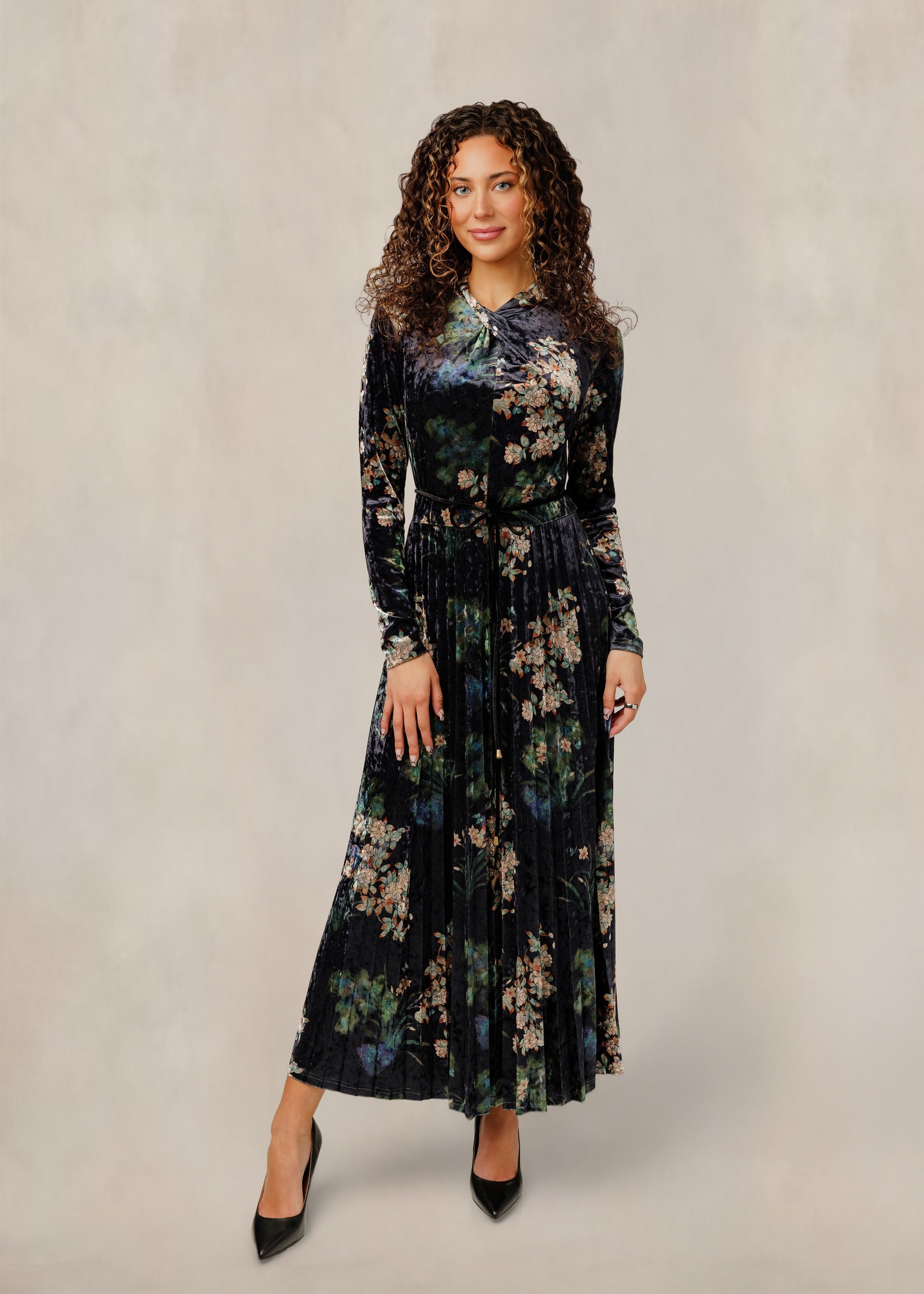 Dark Floral Velvet Dress W/ Pleated Skirt