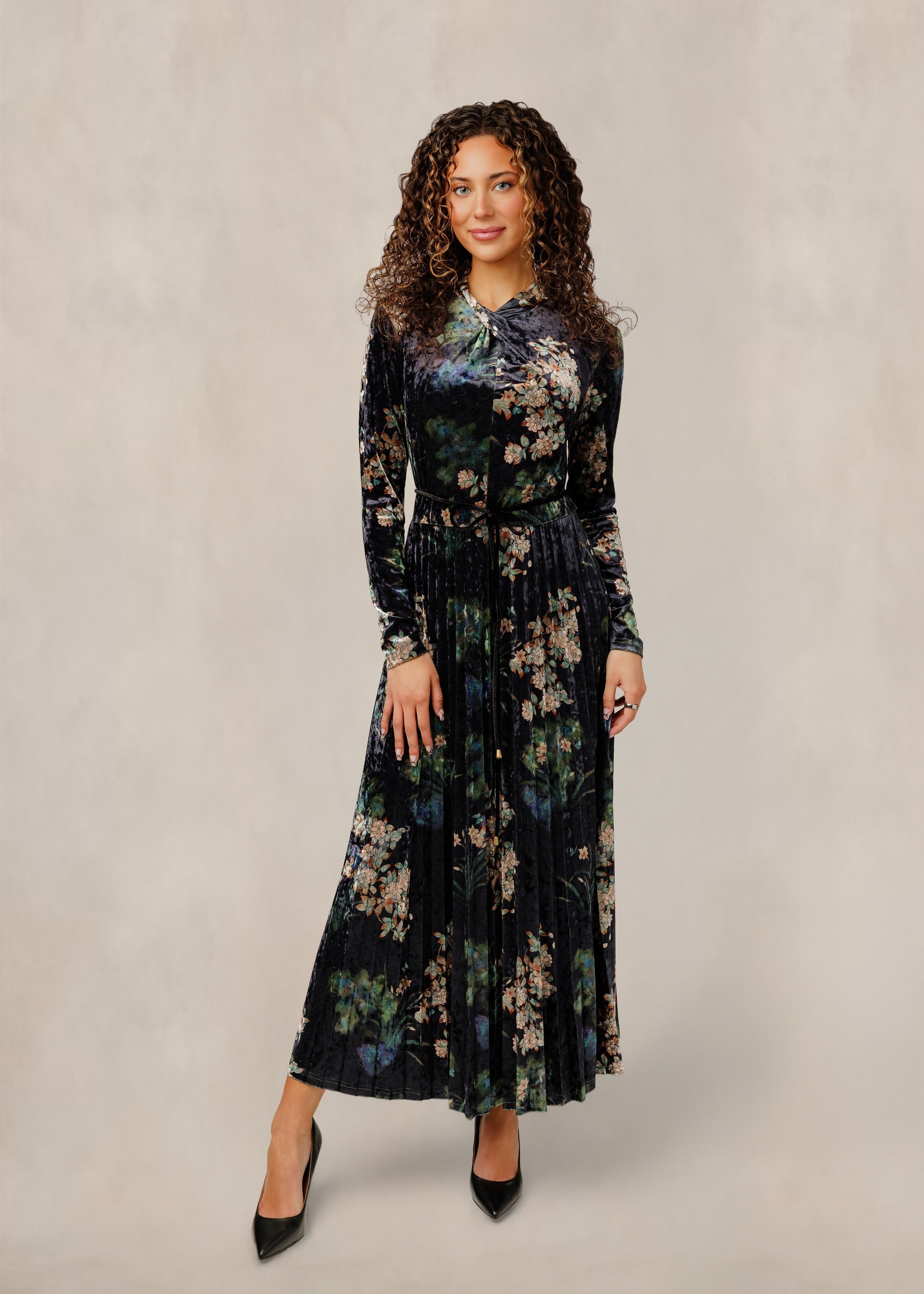 Dark Floral Velvet Dress W/ Pleated Skirt