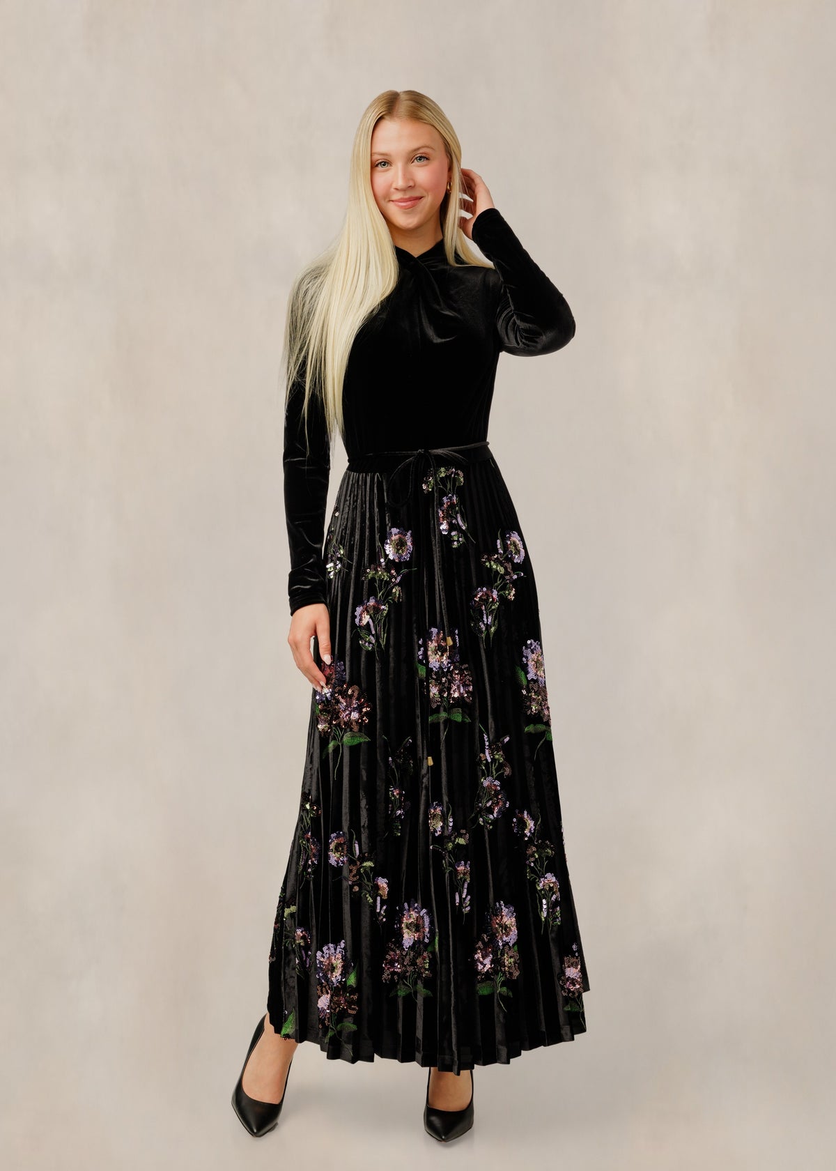 Black Velvet Floral Pleated Dress W/ Bow Detail