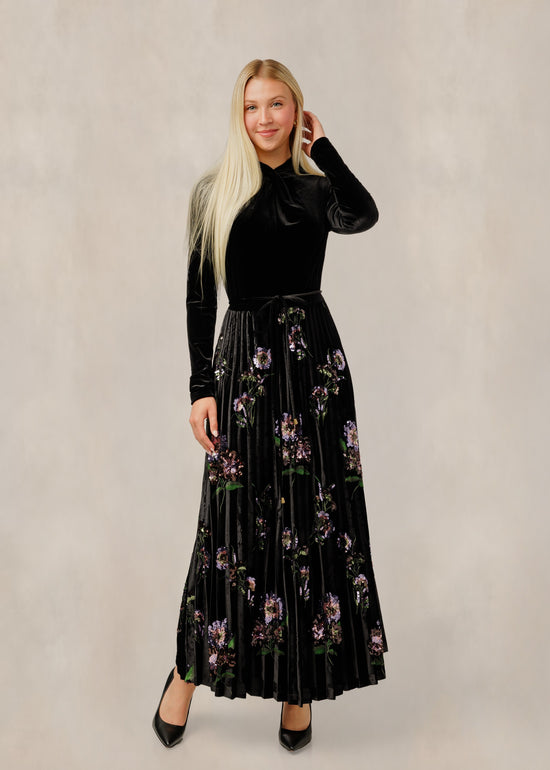 Black Velvet Floral Pleated Dress W/ Bow Detail