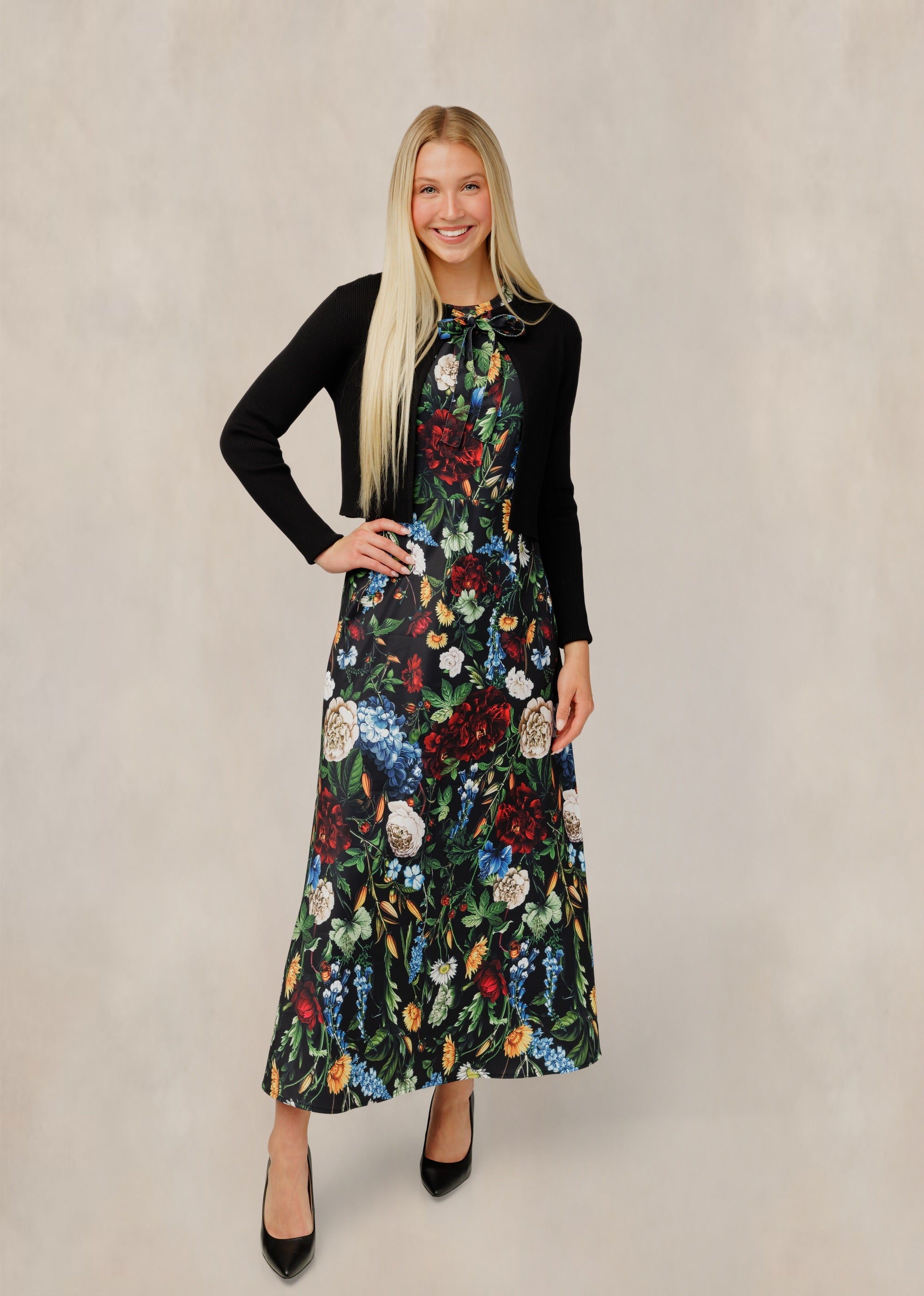 Multi Colored Floral Dress W/ Black Cardigan