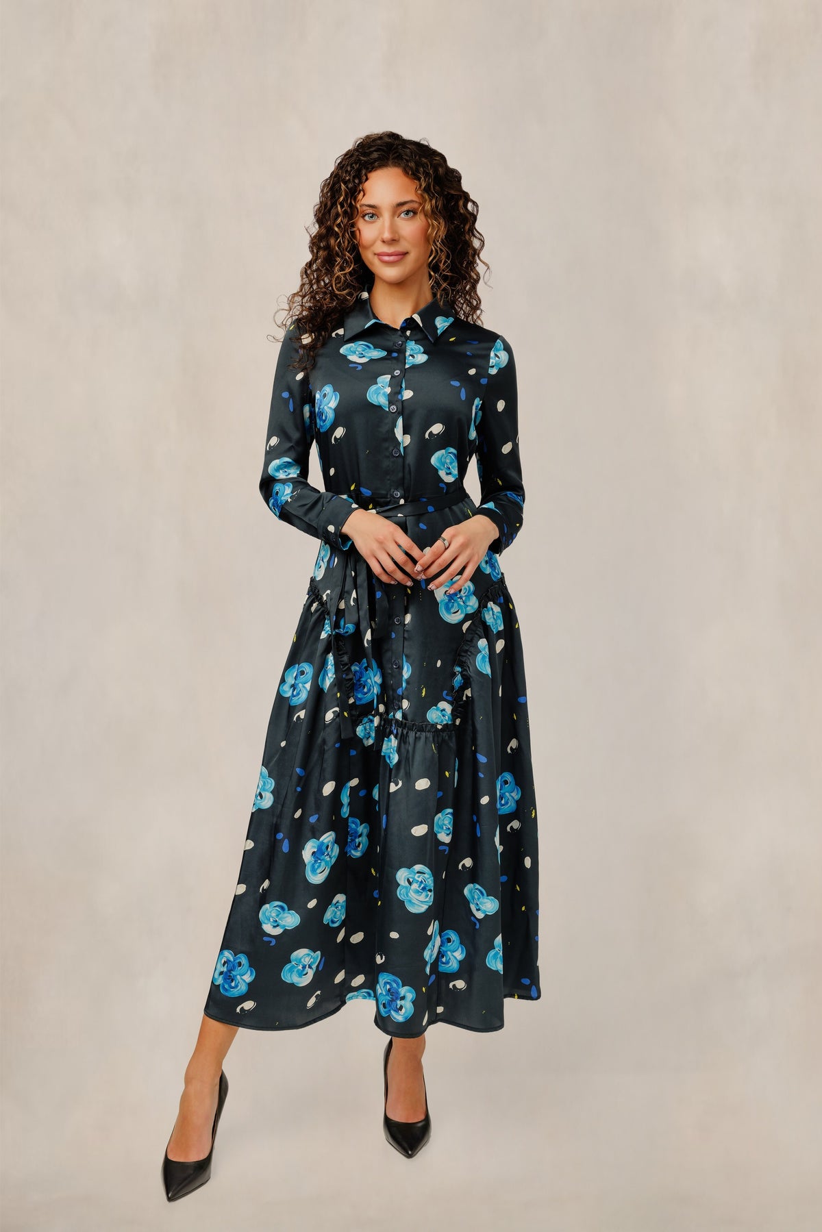 Blue Floral Print Satin Dress