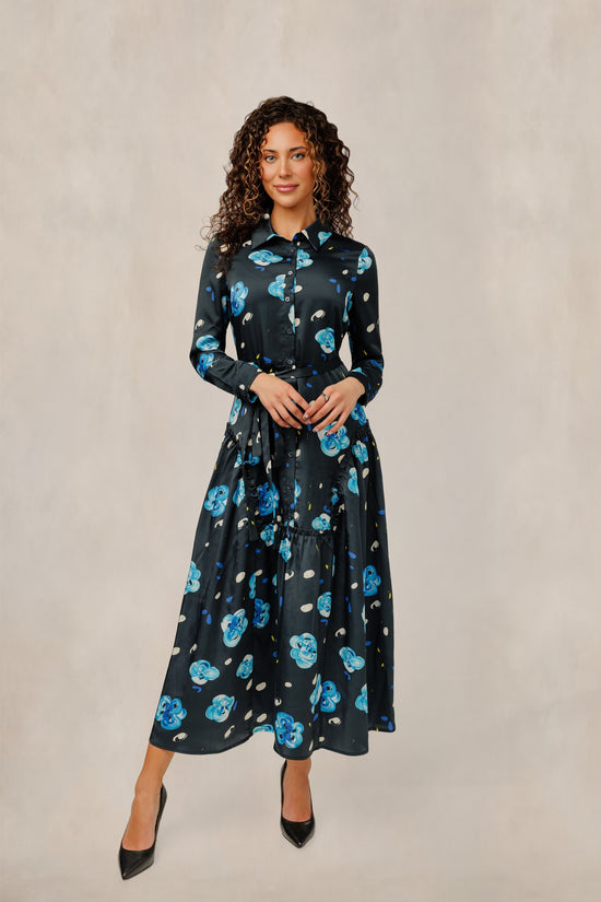Blue Floral Print Satin Dress