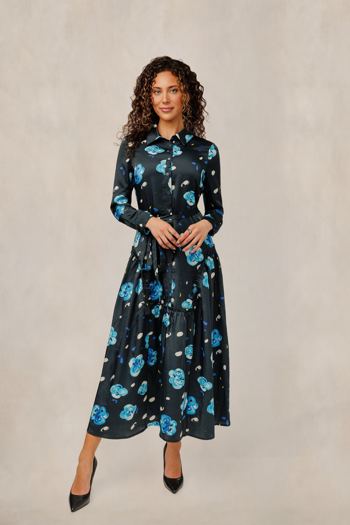 Blue Floral Print Satin Dress
