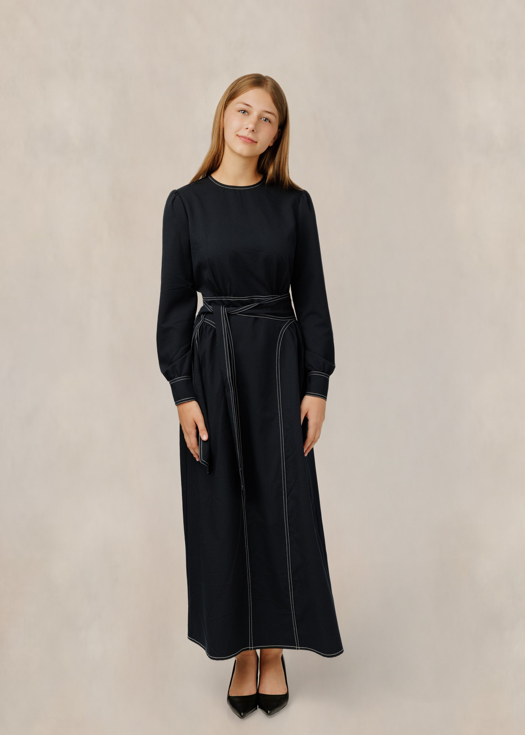 Cuff Sleeve Contrast Stitch Black Dress