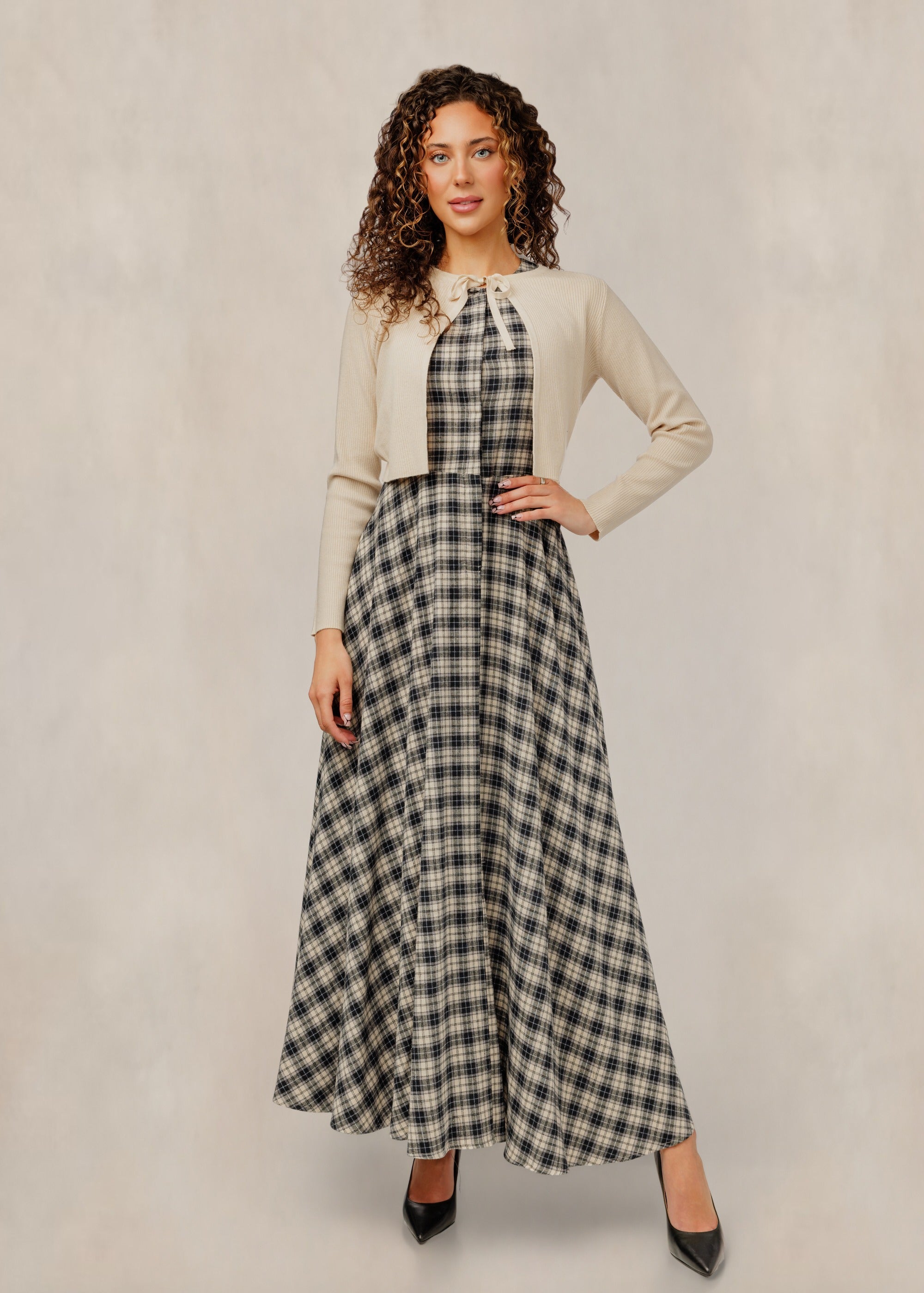 Plaid A-Line Dress W/ Beige Overlay
