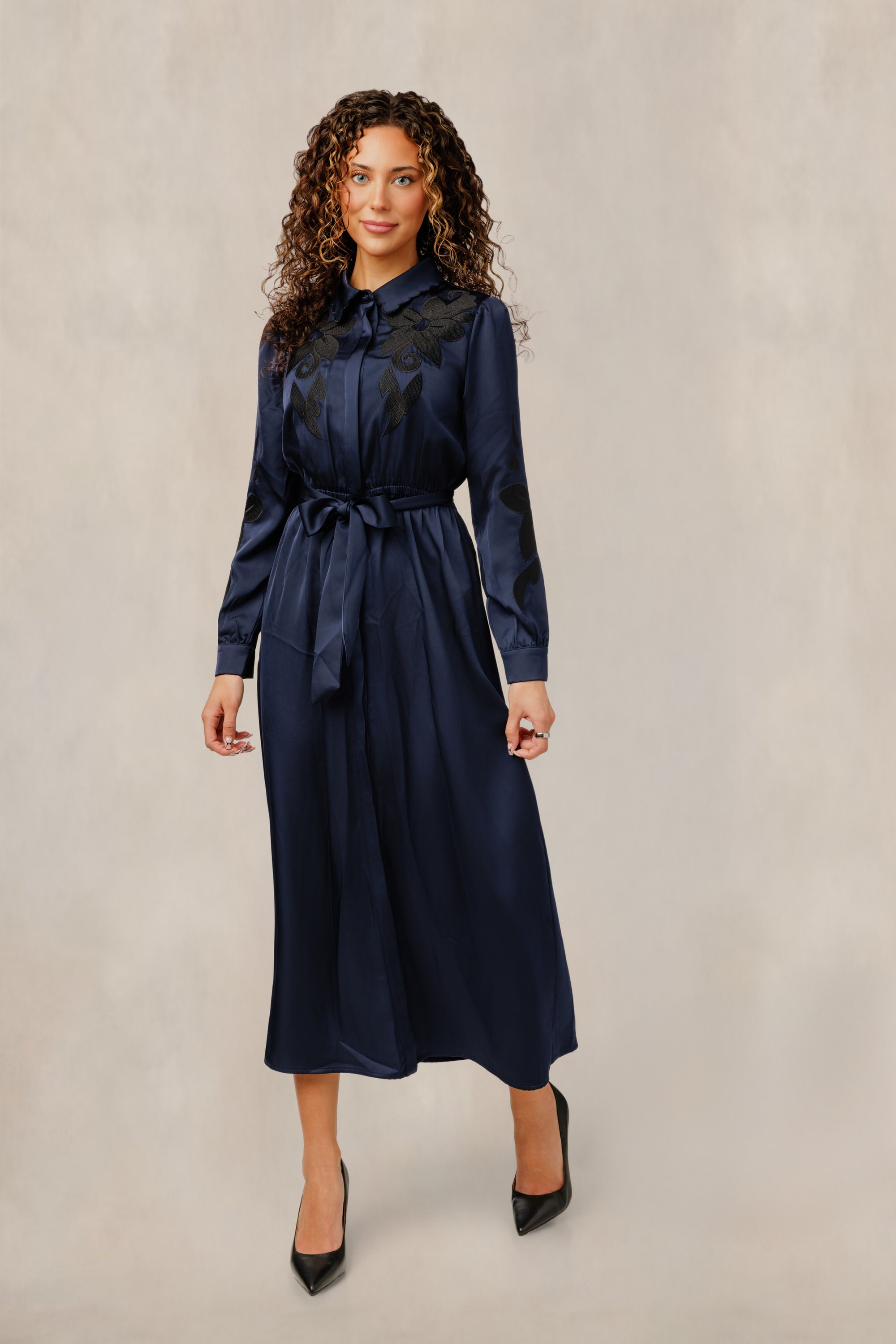 Navy Satin Tie Waist Dress W/ Floral Detail